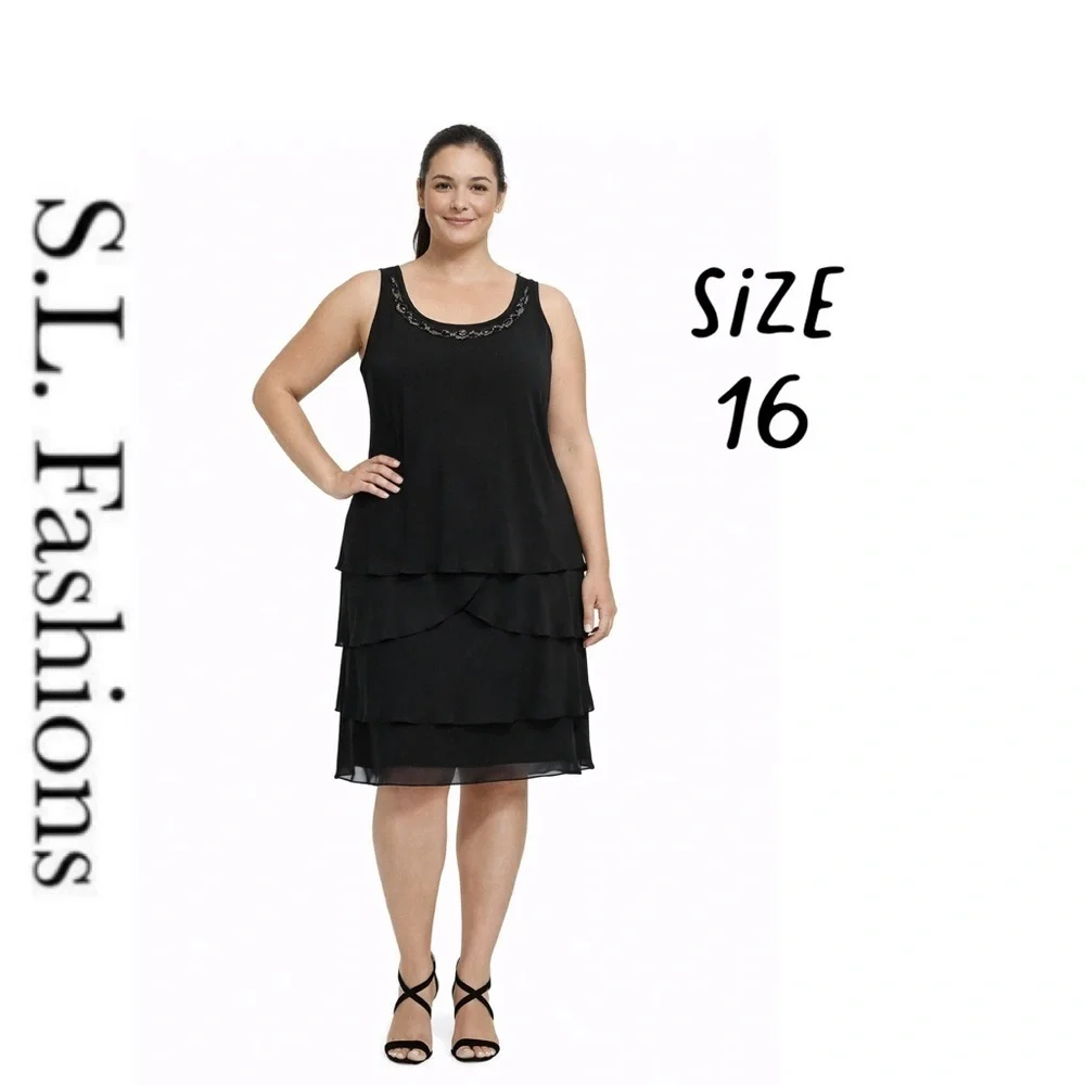 SLNY black Sequin neckline Chiffon polyester Sleeveles Dress sz 16